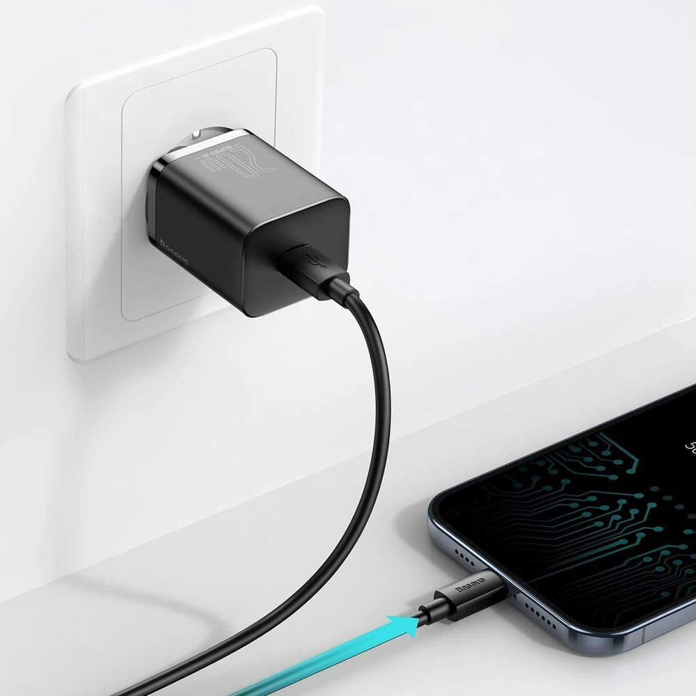 Universal home charger baseus super si, 1xusb type-c, 20w, 5v/3a, cable included (type-c - lightning, 1m), black  tzccsup-b01 3