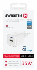 Universal home charger swissten gan 1x usb-c 35w pd + 1x usb-a 27w qc white Thumbnail 3
