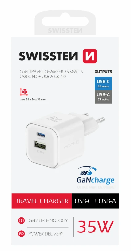 Universal home charger swissten gan 1x usb-c 35w pd + 1x usb-a 27w qc white 3