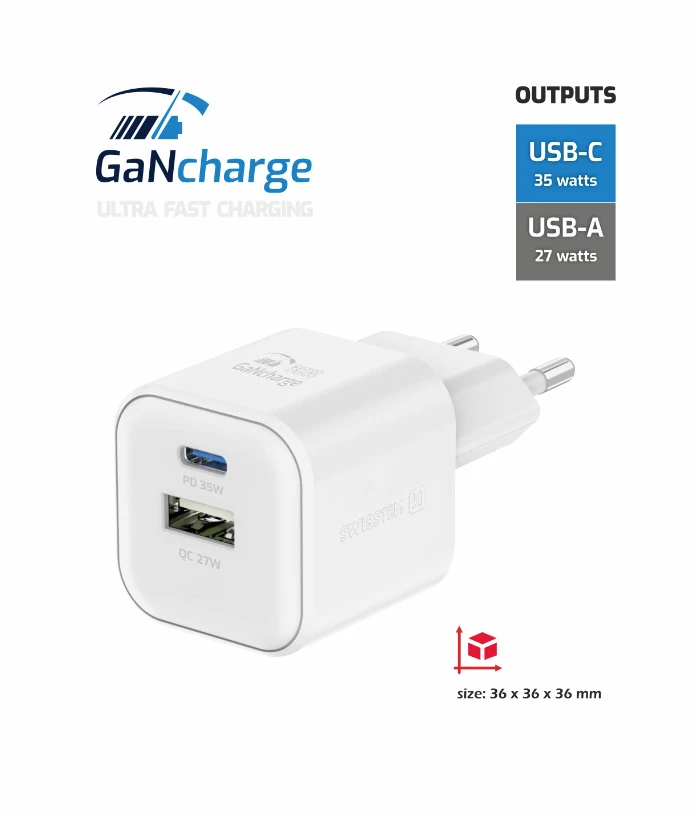 Universal home charger swissten gan 1x usb-c 35w pd + 1x usb-a 27w qc white 2