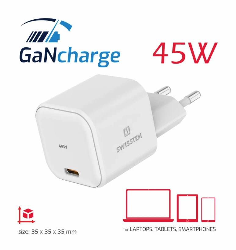 Universal home charger swissten gan 1x usb-c 45w pd white 2