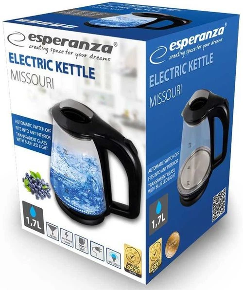 Kettle esperanza missouri ekk024k glass black with led light, 1500w, 1,7l,  concealed heating element, 360° swivel base, auto shut-off after boiling 2