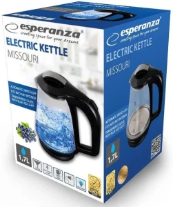 Kettle esperanza missouri ekk024k glass black with led light, 1500w, 1,7l,  concealed heating element, 360° swivel base, auto shut-off after boiling Thumbnail 2