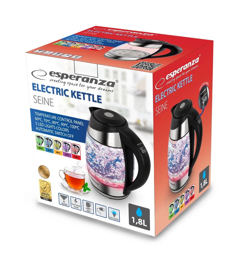 Kettle esperanza seine ekk026  glass black with led light and temperature controller, 2200w, 1,7l, the kettle will heat the water up to 60°c, 70°c, 80 5