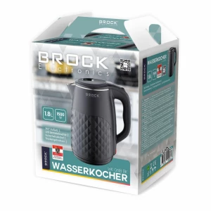 Kettle BROCK WK 0618 BK,  1500W, 1.8l, Kettle with 360° base. Hidden heating element. Safety lock cover. Automatic and manual on/off. Protection again