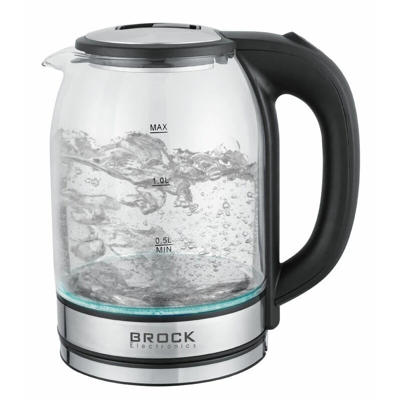 Kettle brock wk 2402, glass black with led light, 1500w, 1,8l, concealed heating element, 360° swivel base, auto shut-off after boiling 2