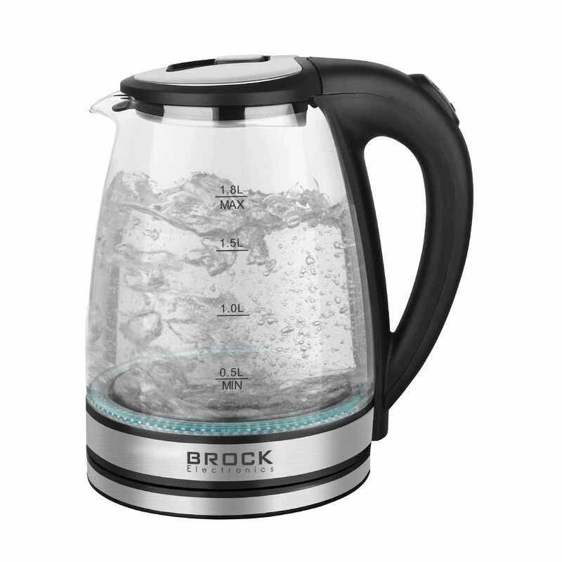 Kettle brock wk 2406, glass black with led light, 1500w, 1,8l, concealed heating element, 360° swivel base, auto shut-off after boiling 2