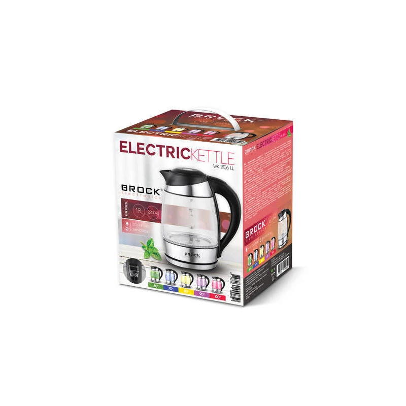 Kettle brock wk 2106 ll, glass black with led light and temperature controller  2200w, 1.8l, the kettle will heat the water up to 60°c, 70°c, 80°c and 6