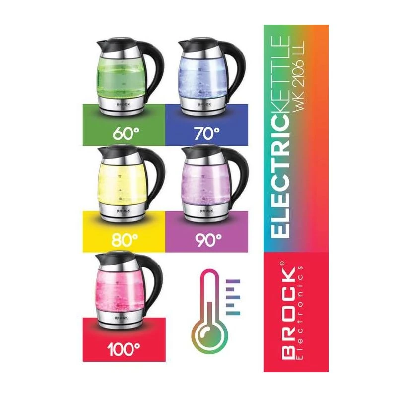 Kettle brock wk 2106 ll, glass black with led light and temperature controller  2200w, 1.8l, the kettle will heat the water up to 60°c, 70°c, 80°c and 2