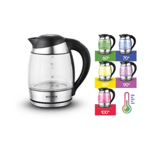 Kettle brock wk 2106 ll, glass black with led light and temperature controller  2200w, 1.8l, the kettle will heat the water up to 60°c, 70°c, 80°c and