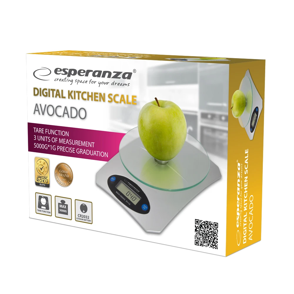 Kitchen scale esperanza avocado eks006 gray, maximum capacity: 5000g, division: 1g, four units of measure: g /lb/oz/kg, tare function, power: 1xcr2032 2