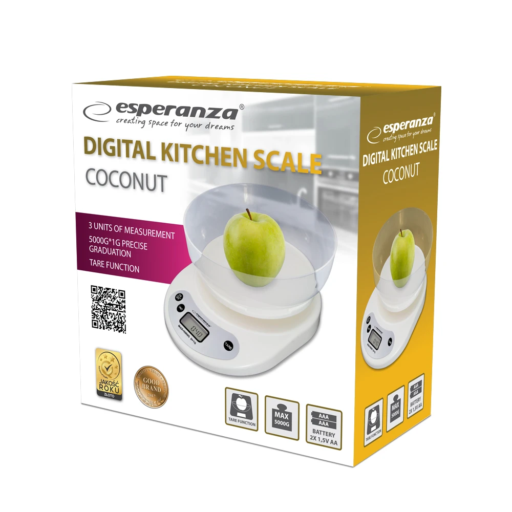 Kitchen scale esperanza coconut eks007 white with bowl (1l), maximum capacity: 5000g, division: 1g, four units of measure: g /lb/oz/kg, tare function, 2