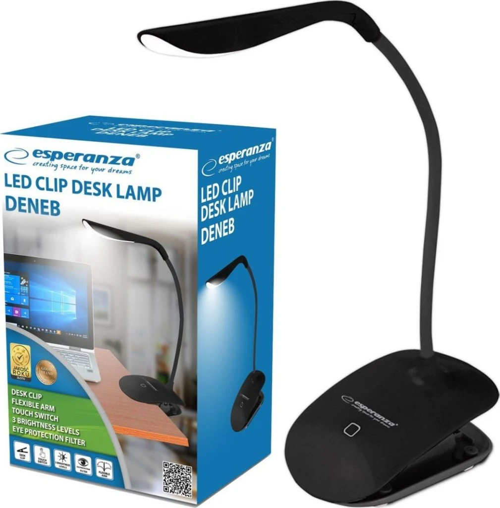 Desk lamp esperanza deneb eld104k black, 14 led’s, touch switch, 3 levels of brightness, light color: 5500k, flexible arm, retaining clip, built-in ey 3