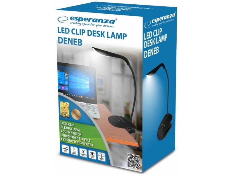 Desk lamp esperanza deneb eld104k black, 14 led’s, touch switch, 3 levels of brightness, light color: 5500k, flexible arm, retaining clip, built-in ey 2