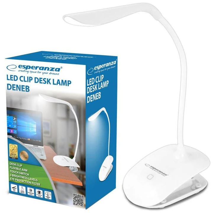 Desk lamp esperanza deneb eld104w white, 14 led’s, touch switch, 3 levels of brightness, light color: 5500k, flexible arm, retaining clip, built-in ey 2