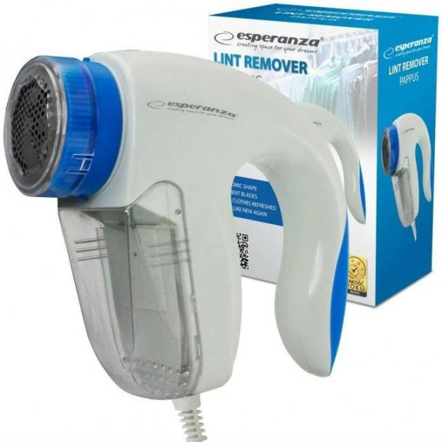 Lint remover esperanza pappus ecs006 white-blue;  3 blades for quick lint removing; size: 16 cm * 13 cm * 6 cm; power: mains; 220 v ~ 50/60 hz,  4 w 2