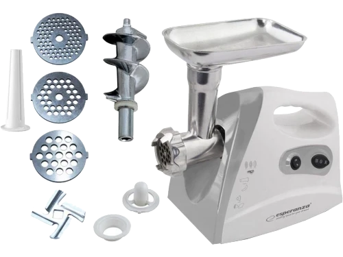 Meat grinder esperanza meatball ekm012e 600w stainless steel knife for long time use, metal spiral drive, 3 discs with different diameter holes (2,7mm 2