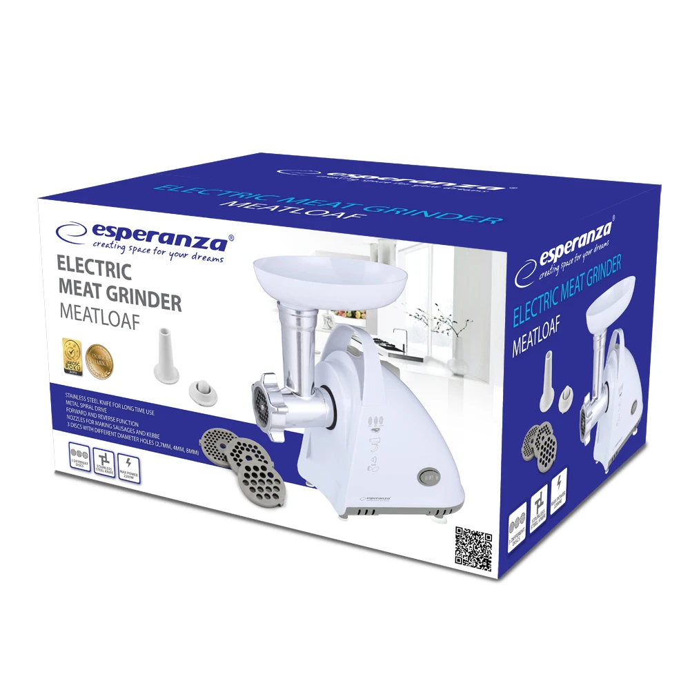 Meat grinder esperanza meatloaf ekm031, 2200w strong engine, stainless steel knife, metal spiral drive, 3 discs (2,7mm, 4mm, 8mm), forward and reverse 2