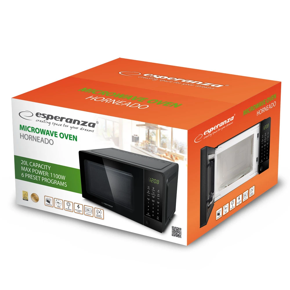Microwave oven esperanza horneado eko009 20l, 700w, black, led display, defrost, multistage cooking program 3
