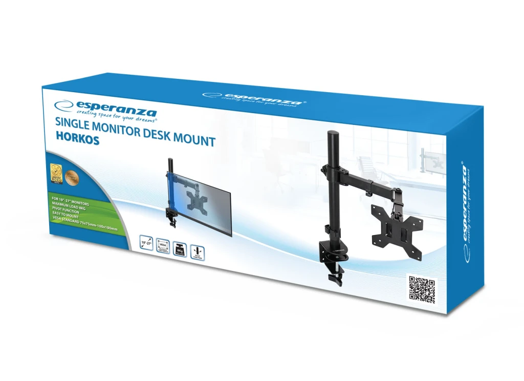 Arm for 1 monitor 10"-27"  esperanza horkos erw017, adjustable desk display mounting arm, tilt adjustment (up/down): +80o/-90o, right/left adjustment: 5