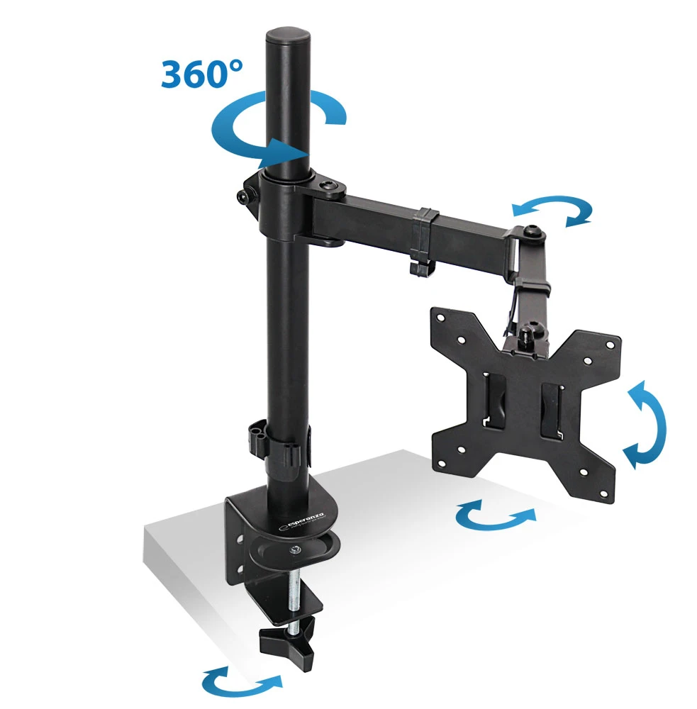 Arm for 1 monitor 10"-27"  esperanza horkos erw017, adjustable desk display mounting arm, tilt adjustment (up/down): +80o/-90o, right/left adjustment: 2