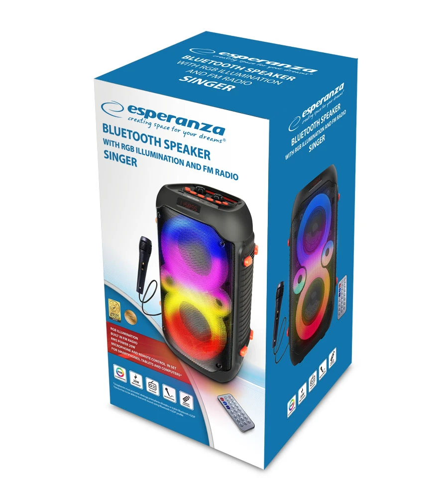 Esperanza singer ep156, bluetooth portable speaker, power: 20w, black, rgb led lighting, built-in fm radio, bluetooth 10