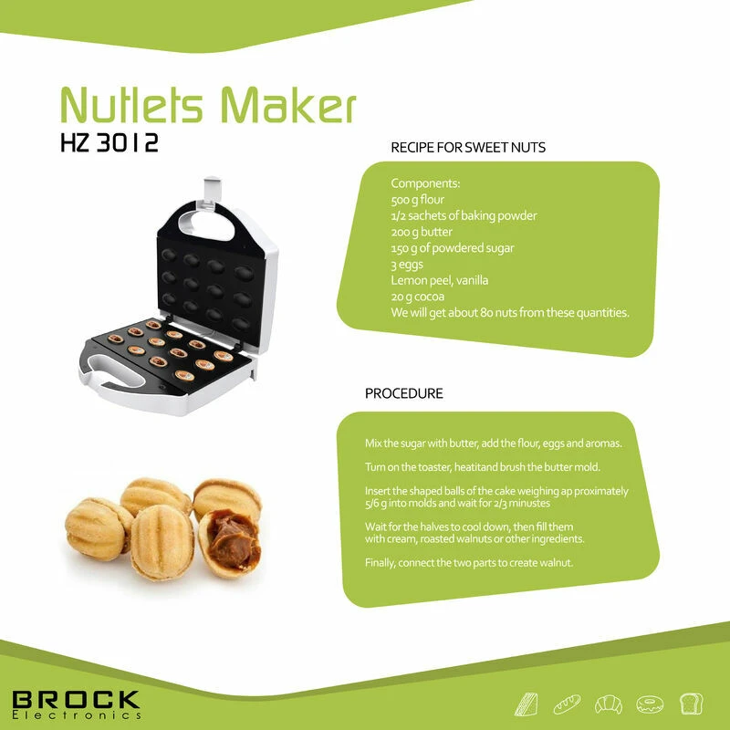 Nut shape maker brock hz 3012, 750w, for 12 nutlets, cool touch housing, non-stick surface, power and ready indicator lights, anti-slip feet, adjustab 3