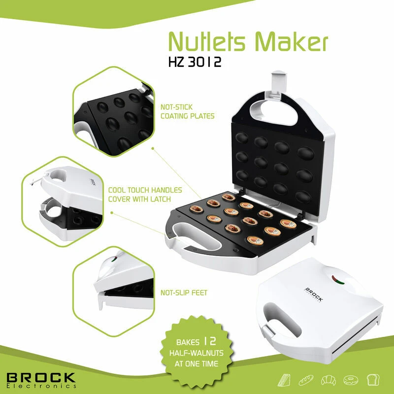 Nut shape maker brock hz 3012, 750w, for 12 nutlets, cool touch housing, non-stick surface, power and ready indicator lights, anti-slip feet, adjustab 2