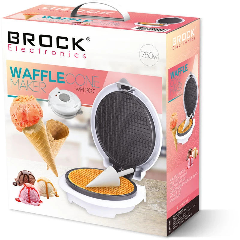 Waffle maker brock wm 3001, white, 750w, plate size ø 19,2 cm, cool touch housing, non-stick surface, power and ready indicator lights, incl. cone sha 11