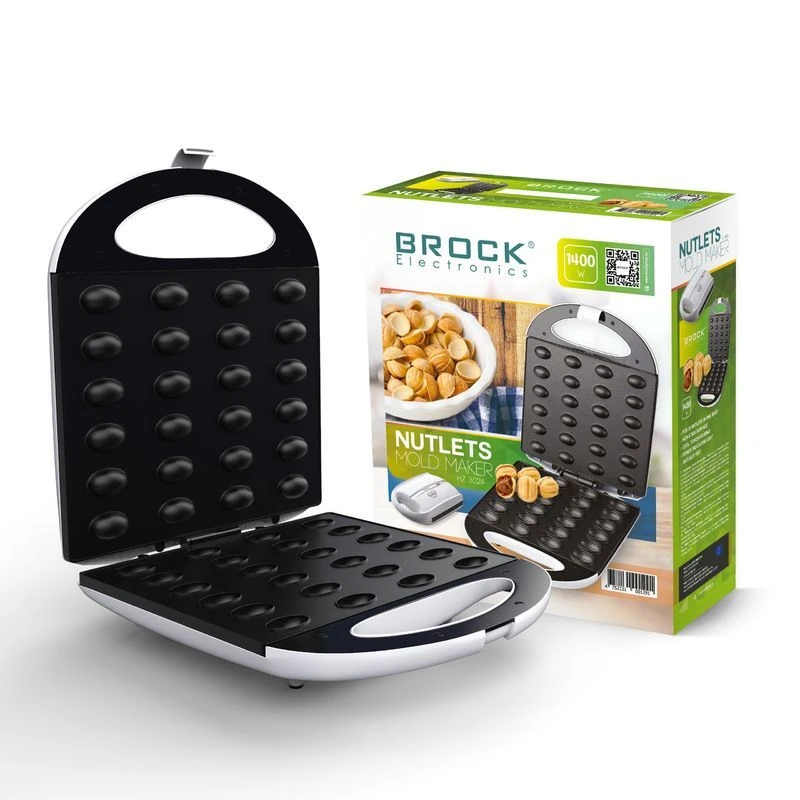 Nut shape maker brock hz 3024, 1400w, for 24 nutlets, cool touch housing, non-stick surface, power and ready indicator lights, anti-slip feet 10