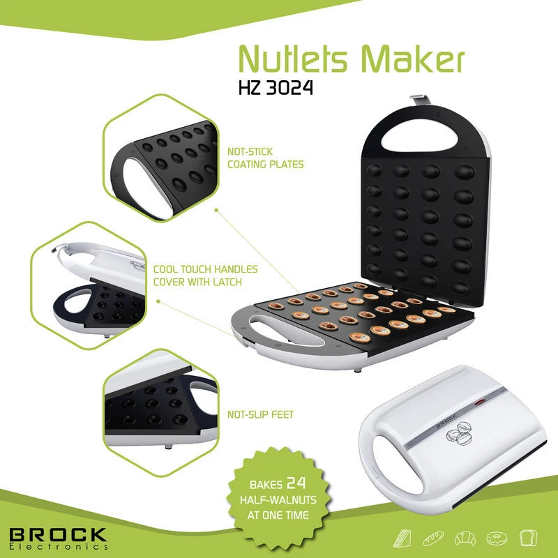 Nut shape maker brock hz 3024, 1400w, for 24 nutlets, cool touch housing, non-stick surface, power and ready indicator lights, anti-slip feet 9