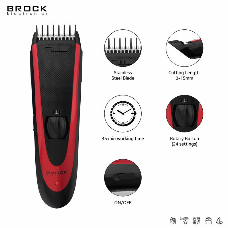 Hair clipper brock bhc 2001 stainless steel blade, 1 pcs comb attachment, cutting lenght: 3-15mm, special rotary button (24 steps to choose) for fine 4