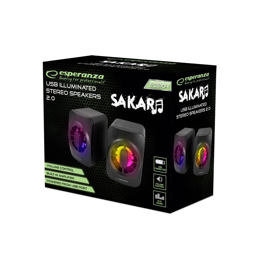 Speakers 2.0  esperanza sakara egs104, 5w (2 x 2.5w), led rainbow lighting, volume control, built in amplifier, power supply: 5v, they require: usb an 3