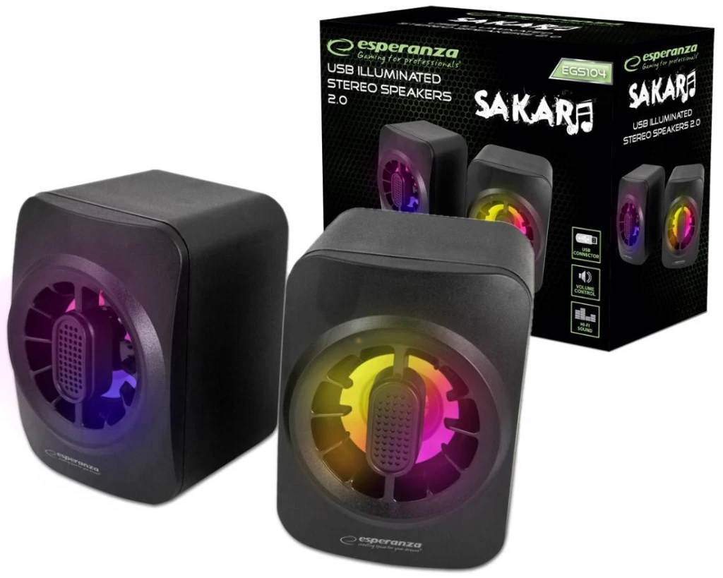 Speakers 2.0  esperanza sakara egs104, 5w (2 x 2.5w), led rainbow lighting, volume control, built in amplifier, power supply: 5v, they require: usb an 2