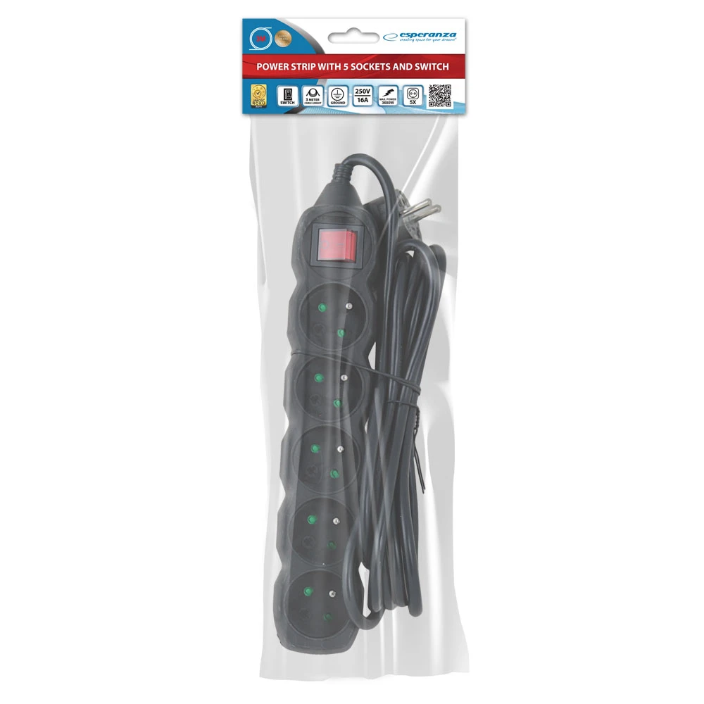 Prelungitor сг protectie esperanza elk216k, 5.0m, 5 sockets, switch on/off, 16a, black 4