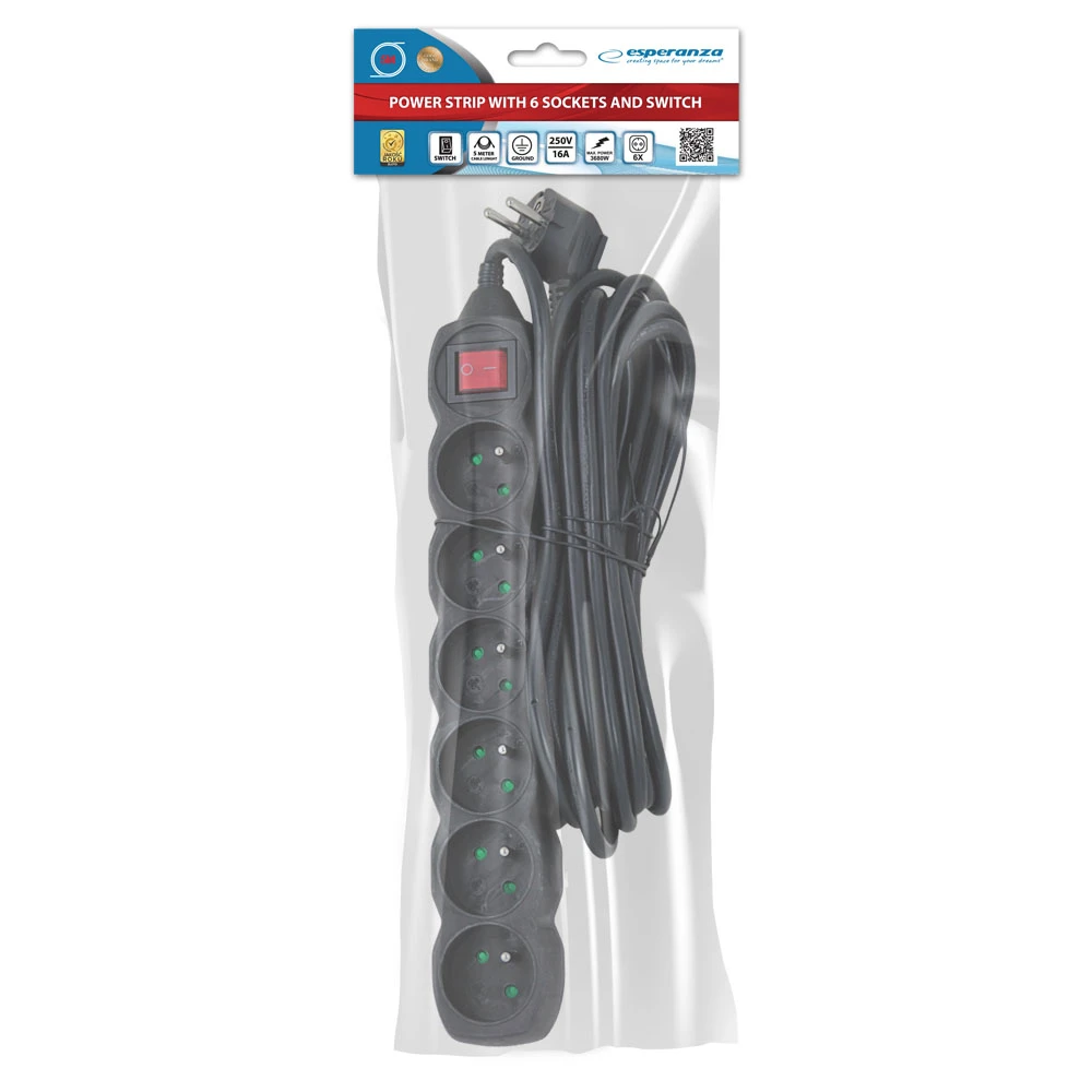 Prelungitor сг protectie esperanza elk219k, 5.0m, 6 sockets, switch on/off, 16a, black 5