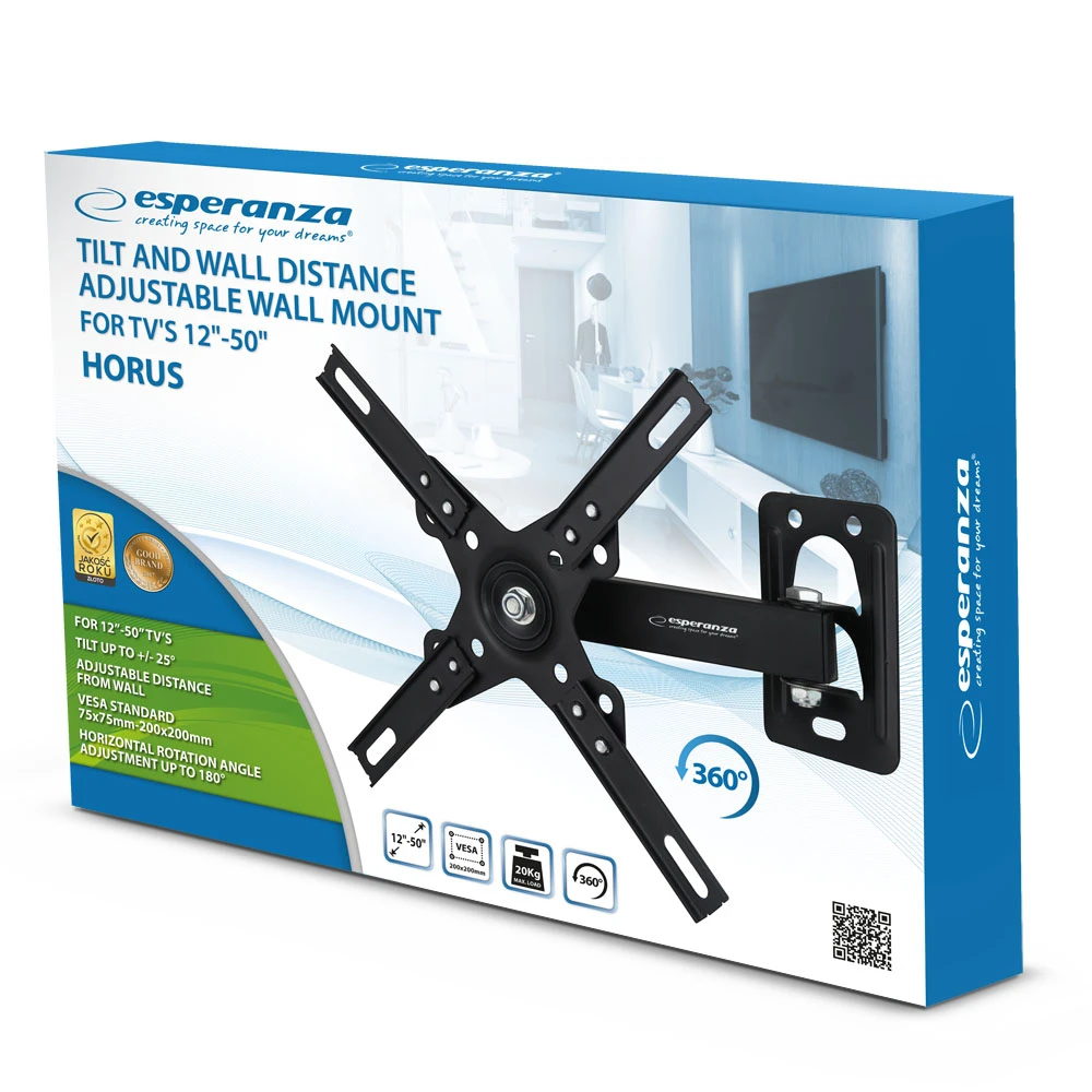Esperanza tv-wall mount horus erw011 for 12-50", max load 20kg, vesa 75x75-200x200mm, distance of tv from wall: 55-220mm, tilt adjustment up to 25°, h 7