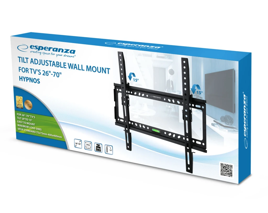 Esperanza tv-wall mount hypnos erw014 for 26-70", max load 30kg, vesa 75x75-400x400mm, distance of tv from wall: 35mm, tilt adjustment up to 15°, leve 10
