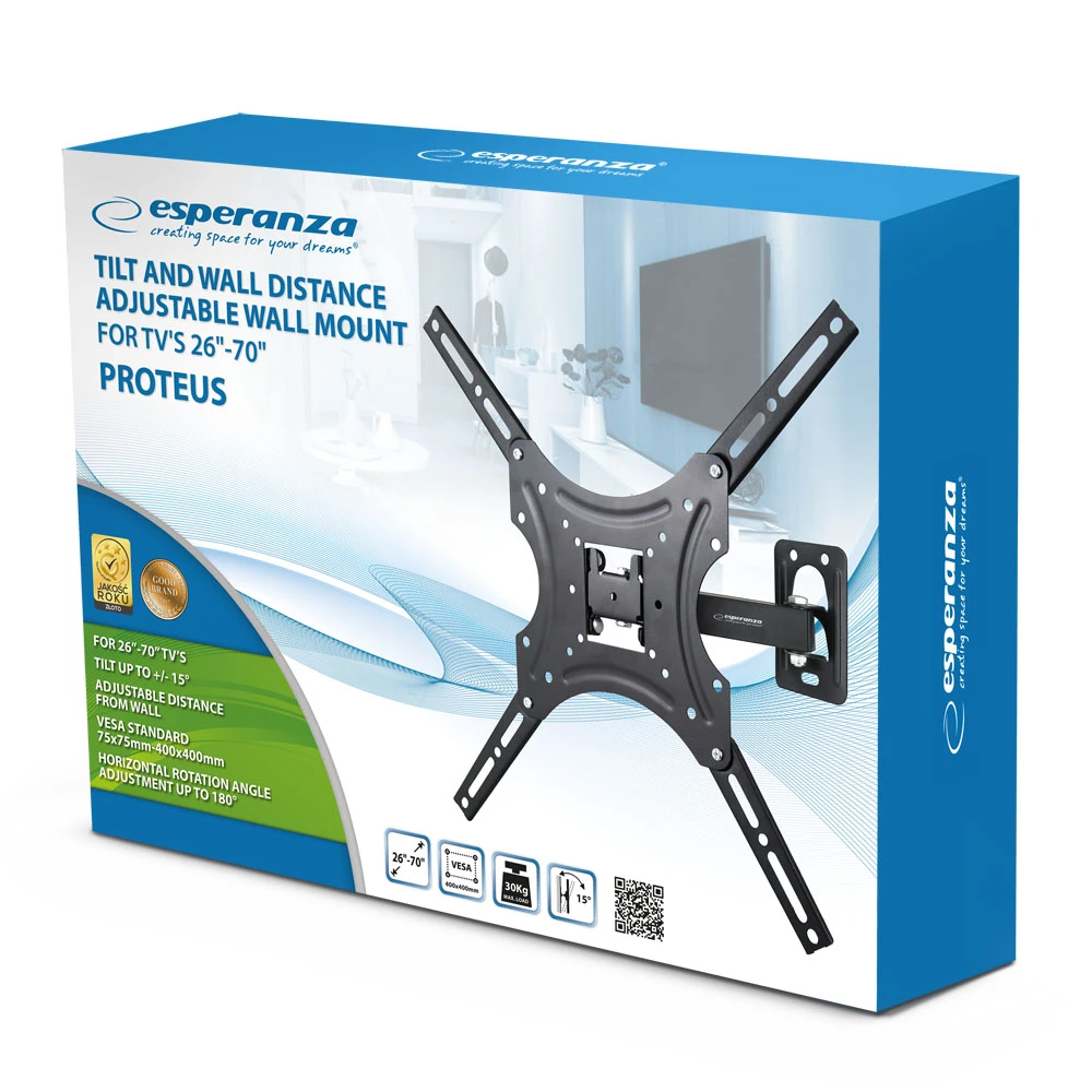Esperanza tv-wall mount proteus erw015 for 26-70", max load 30kg, vesa 75x75-400x400mm, distance of tv from wall: 110-465mm, tilt adjustment up to 15° 7