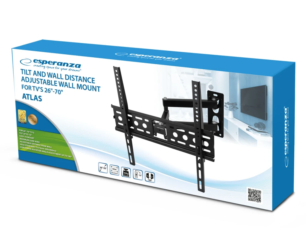 Esperanza tv-wall mount atlas erw016 for 26-70", max load 45kg, vesa 75x75-400x400mm, distance of tv from wall: 90-460mm, tilt adjustment up to 15°, h 8