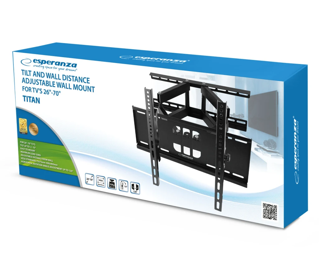 Esperanza tv-wall mount titan erw012 for 26-70", max load 55kg, vesa 75x75-400x400mm, distance of tv from wall: 110-465mm, tilt adjustment up to 15°, 9