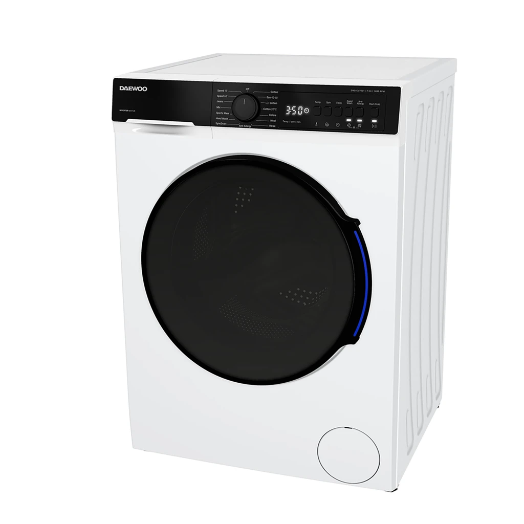Masina de spalat rufe daewoo dwd-cv7021,  7 kg / 1400rpm, 53cm, clasa a, motor inverter, display, panou negru + usa dubla neagra, 15 program, alb 2