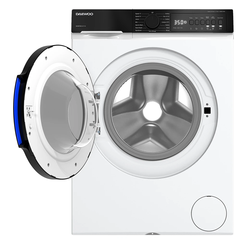 Masina de spalat rufe daewoo dwd-cv7021,  7 kg / 1400rpm, 53cm, clasa a, motor inverter, display, panou negru + usa dubla neagra, 15 program, alb 4