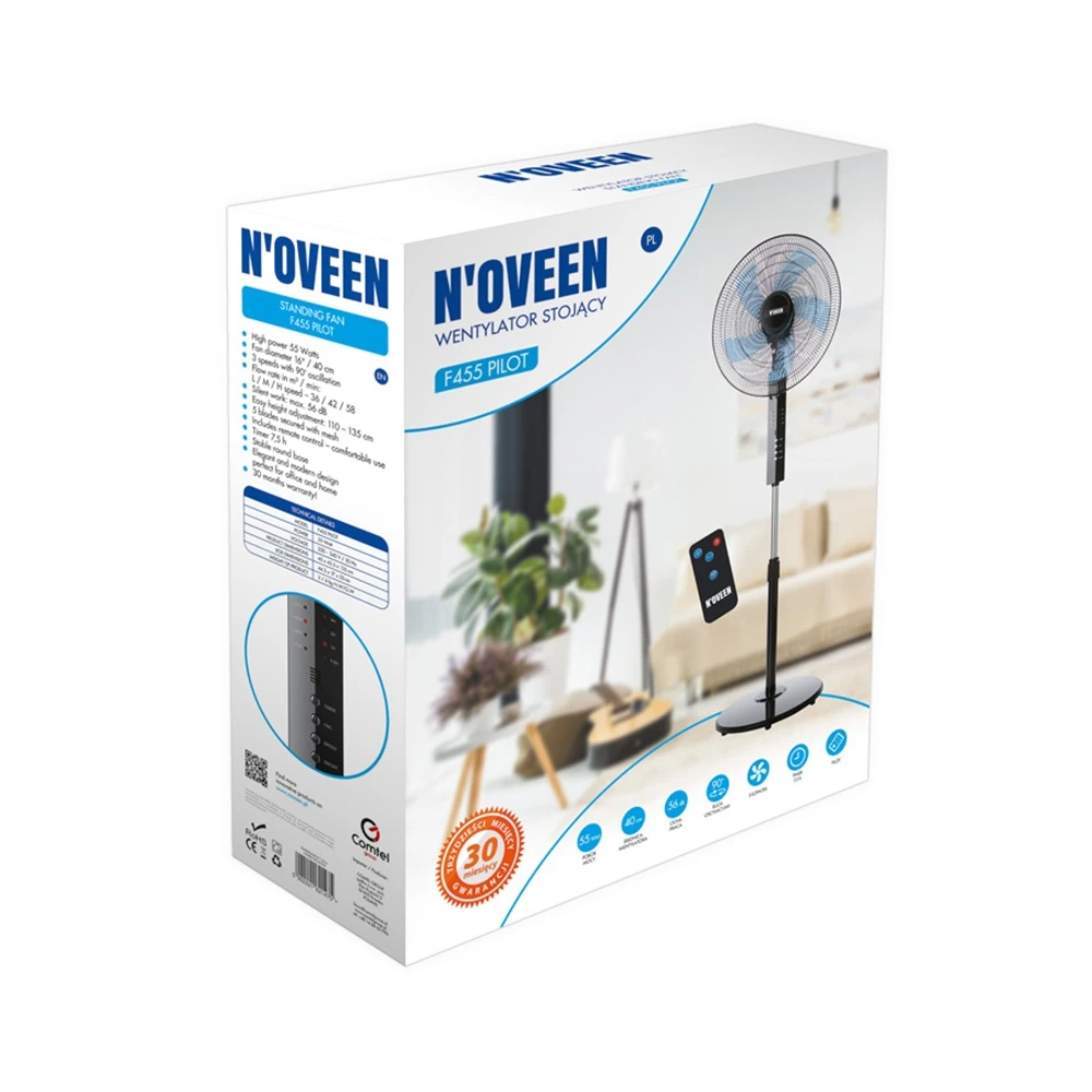 Noveen standing fan f455 16"/40cm/55w, remote control, black 3