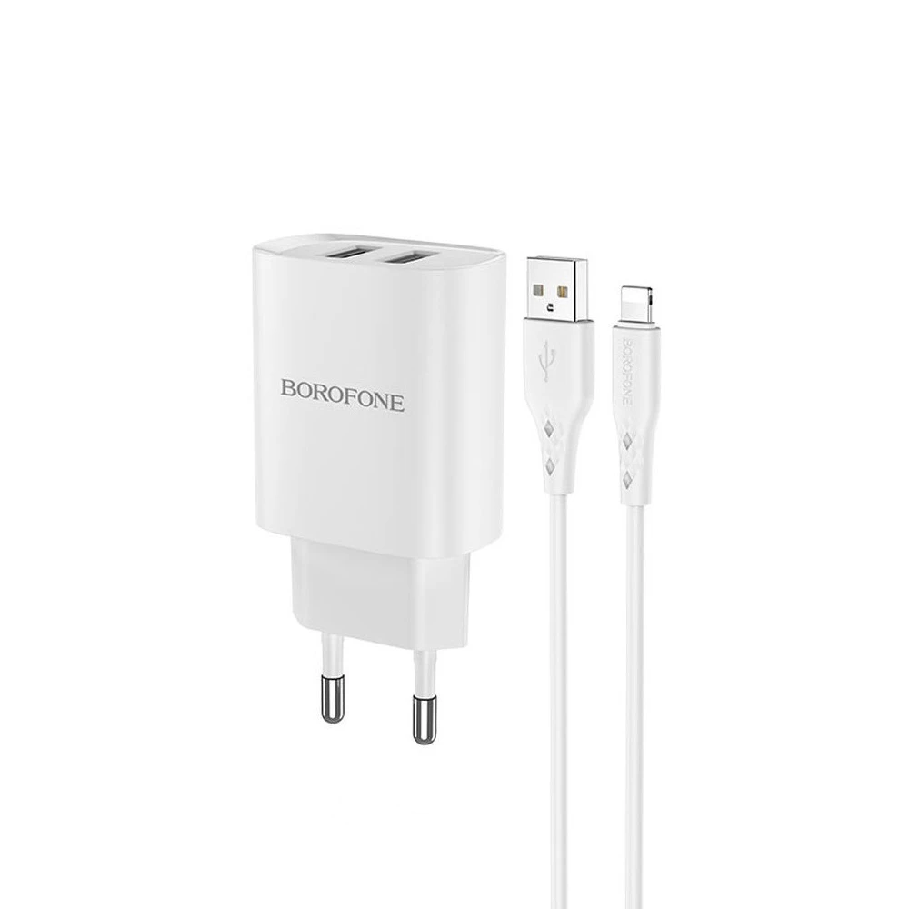 Borofone wall charger with сable usb to lightning bn2 2xusb 2.1a, white 2