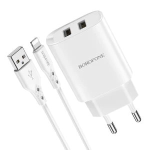 Сетевое зарядное устройство borofone с кабелем usb to lightning bn2 2xusb 2.1a, белое