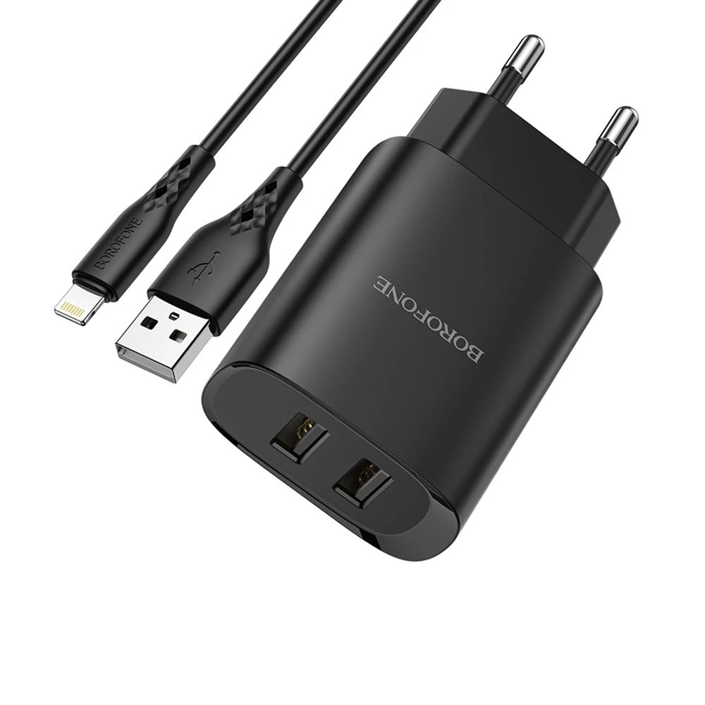 Сетевое зарядное устройство borofone с кабелем usb to lightning bn2 2xusb 2.1a, черное 3