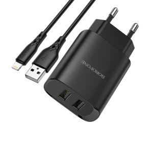 Сетевое зарядное устройство borofone с кабелем usb to lightning bn2 2xusb 2.1a, черное Thumbnail 3