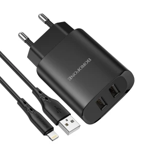 Сетевое зарядное устройство borofone с кабелем usb to lightning bn2 2xusb 2.1a, черное Thumbnail 2