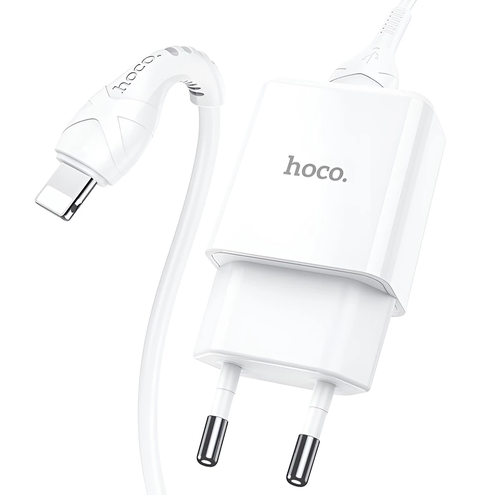 Сетевое зарядное устройство hoco с кабелем usb to lightning n9 2.1a, белое 2